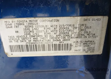 2003 Toyota Rav4 from USA, damaged, VIN JTEGH20VX30102310